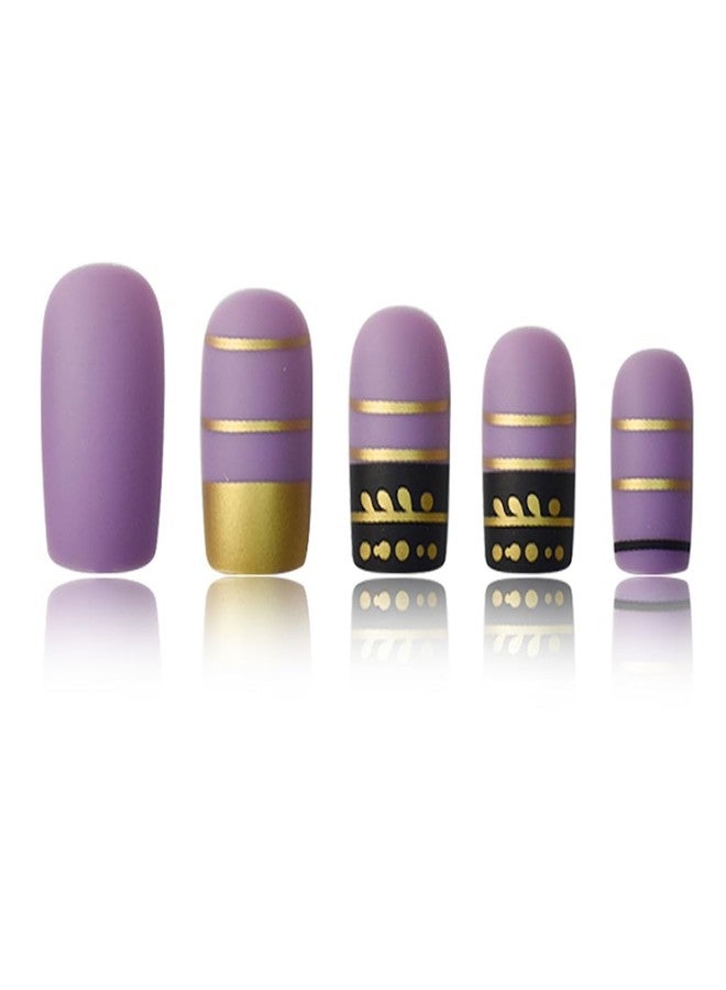 HJKDSFD Short Square Press on Nails Purple Black Fake Nails Gold Foil Lines Design Glue on Nail Cute Matte Acrylic False Nails Reusable Full Cover Artificial Nails for Women Girls 24Pcs - Image 4